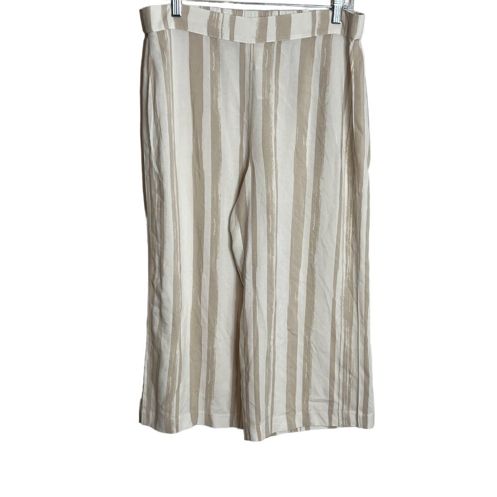 Chicos Pants Women High Rise Cropped Wide Leg Striped Tan Cream Sz Medium 10 1.5